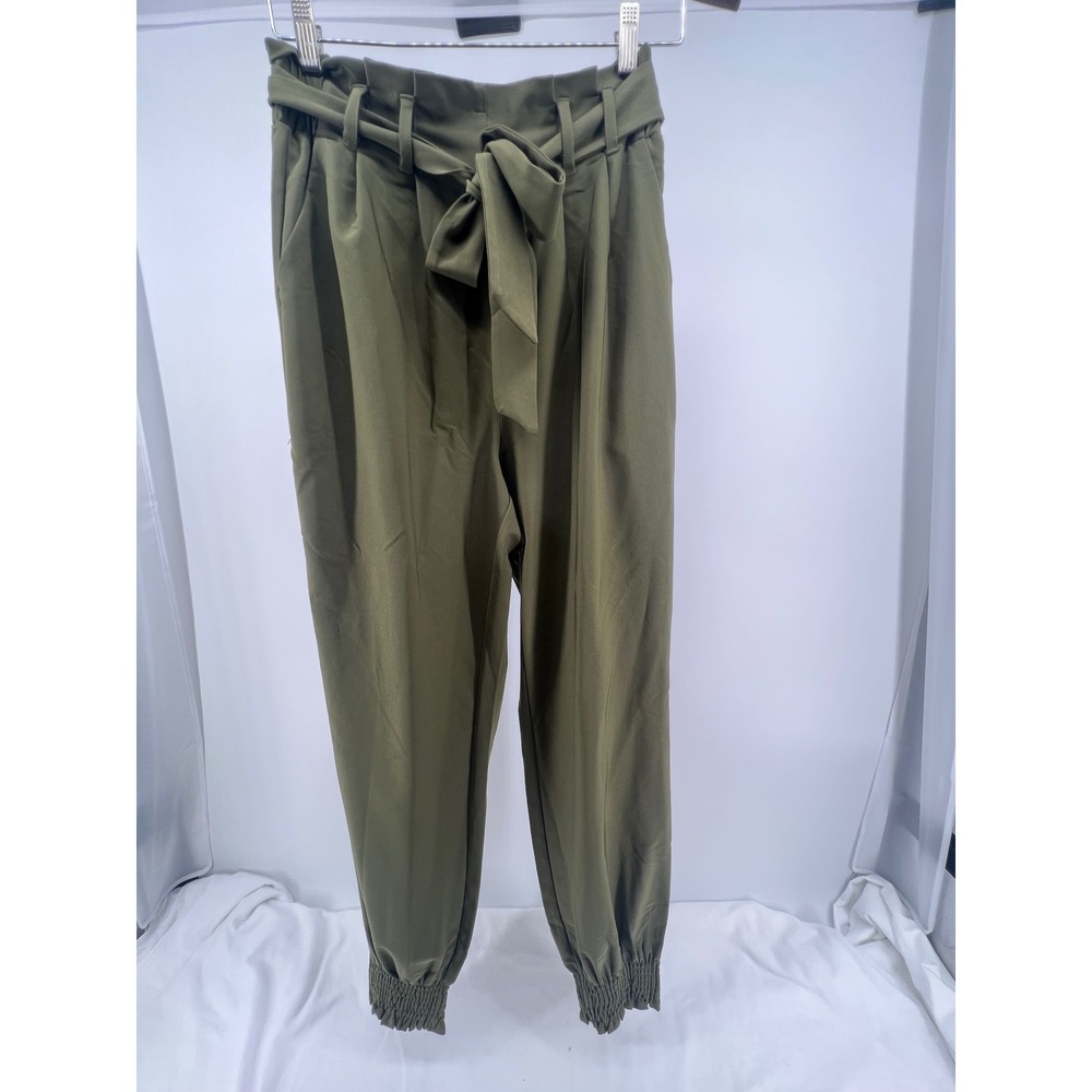 Grace Karin Women Olive Green Paperbag Waist Jogger Pants Cropped Ankle S M